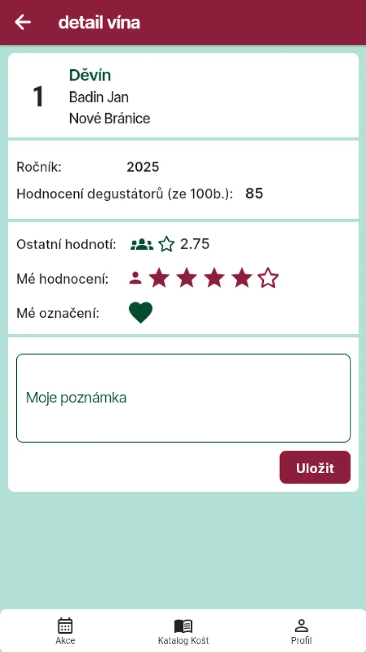Detail vína s hodnocením v aplikaci Kniha Vín