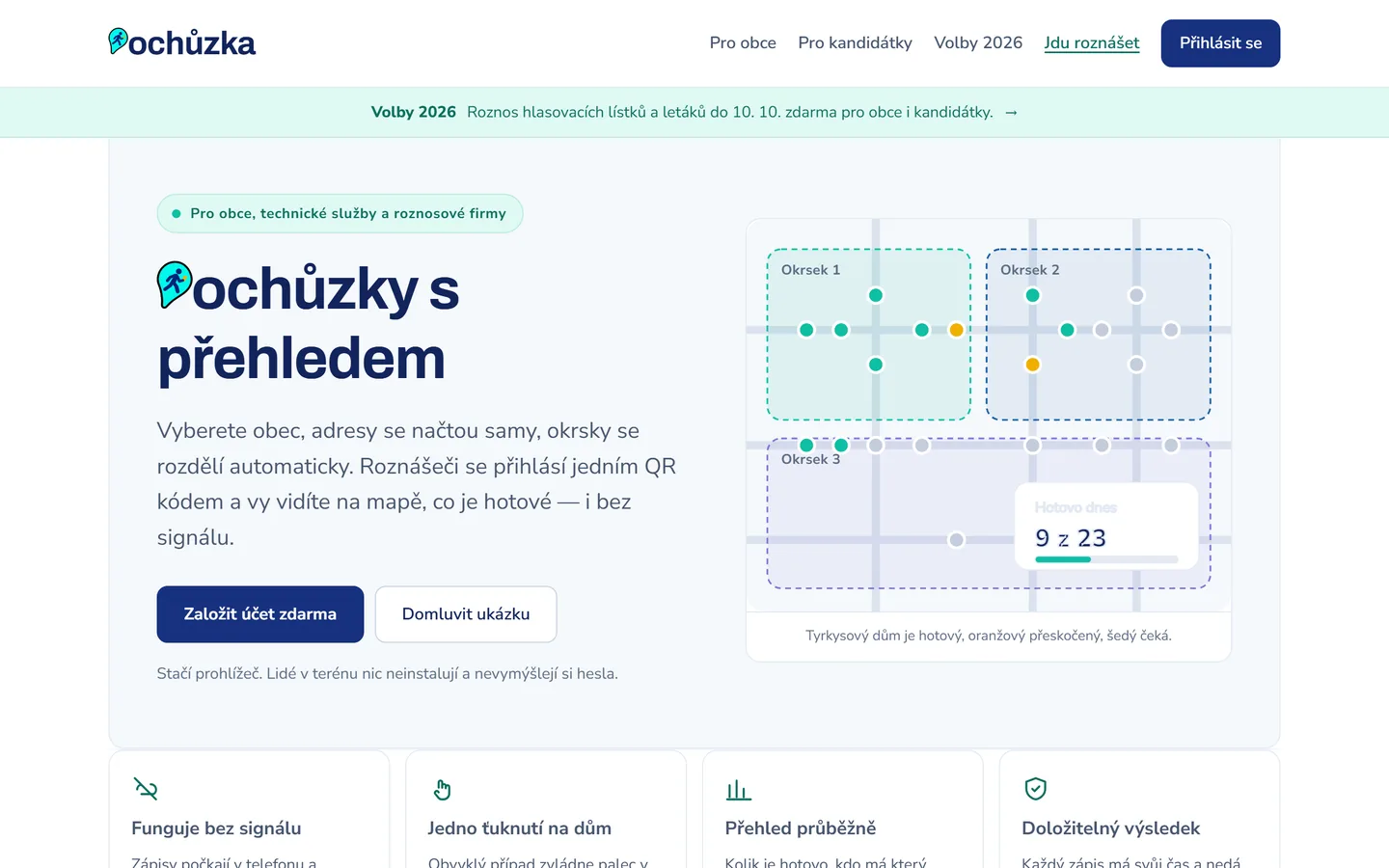 The Pochůzka home page with the map split into districts and an overview of completed houses