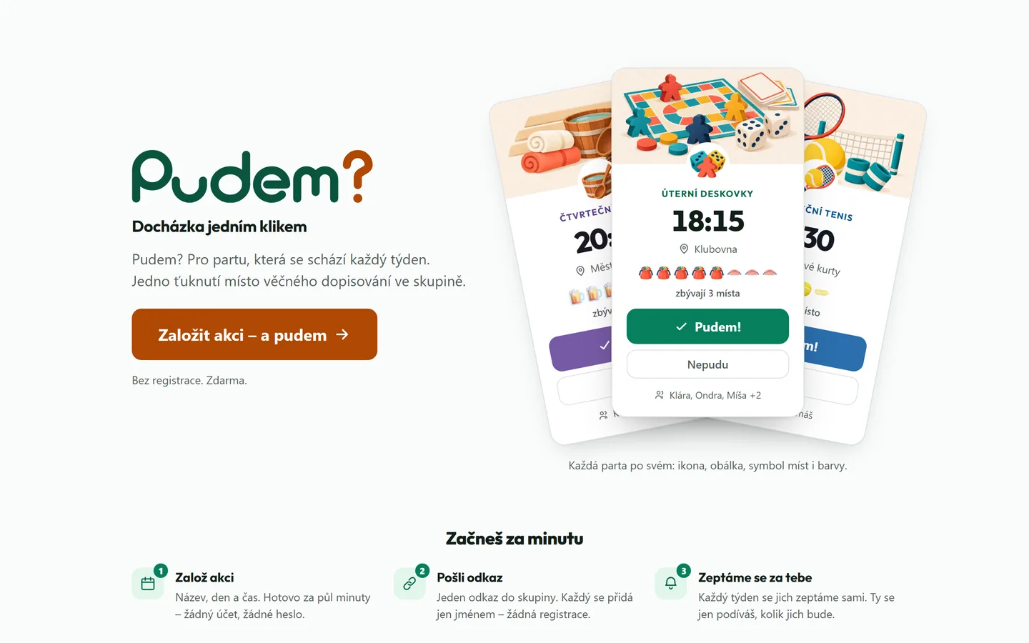 The Pudem home page with cards for recurring events and the Pudem and Nepudu buttons
